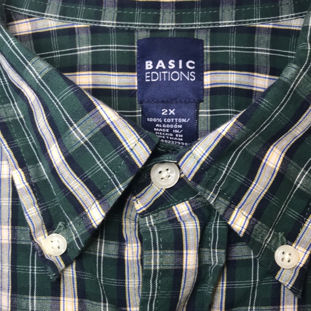Basic Editions 2X Men’s Casual Button Down Green Long Sleeve Cotton Plaid Shirt